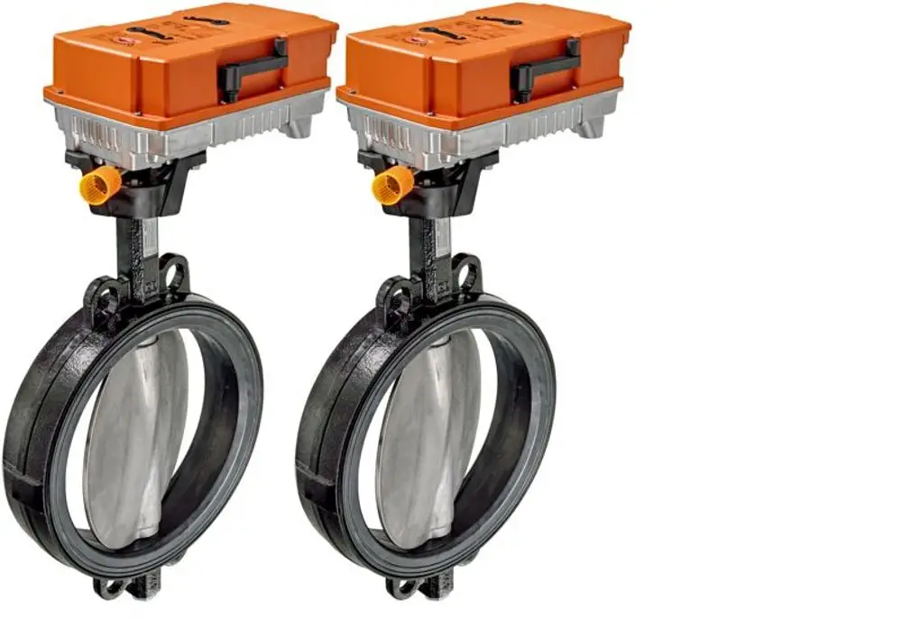Zwei STIEBEL ELTRON Heizungsumschaltklappen HUK 200 Sets, orangefarbene Aktuatoren und schwarze Ventilkörper.